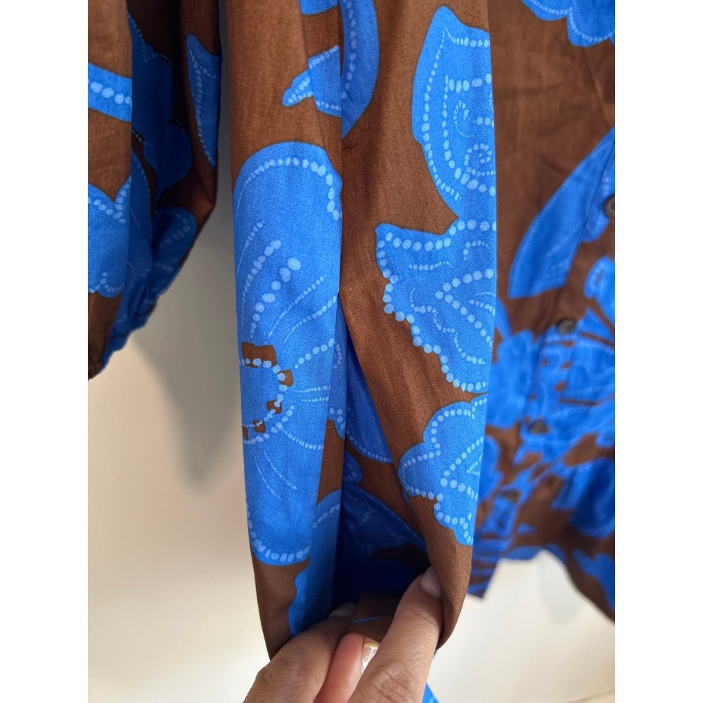 Sugarlips Blue Brown Floral Ruffle Shoulder Cotton Mini Dress Small - Picture 5 of 9